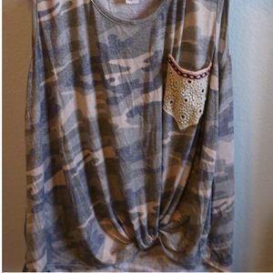 Camo with lace pocket and twist front tank top